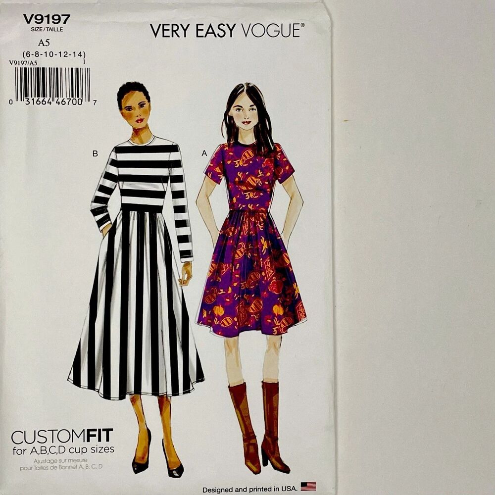 Pattern Sz 6-14 Custom Fit Dress Cups A B C D Vogue V9197 New/Uncut Easy
